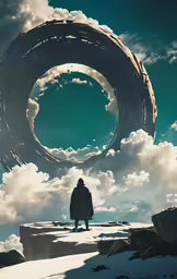 a man is standing on a rocky cliff under a cloud filled sky