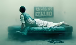 woman lying on a bed with a bunch of debris