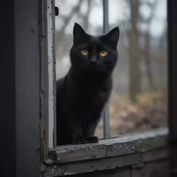 a black cat stares out a window with yellow eyes