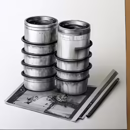 a stack of silver objects on a table