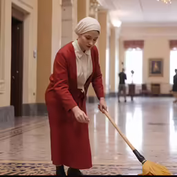 a woman sweeping the floor in a hotel room