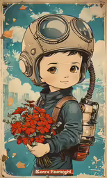 a poster with a child in a motorcycle helmet and a bunch of flowers