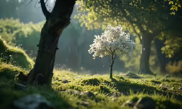 a lone tree is blooming in a grassy field