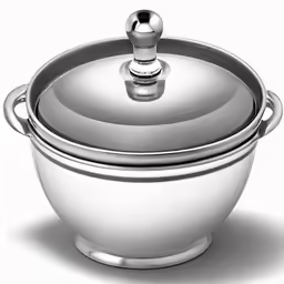 a large silver pot sitting on top of a white floor