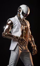 a man dressed in gold and white wearing a suit