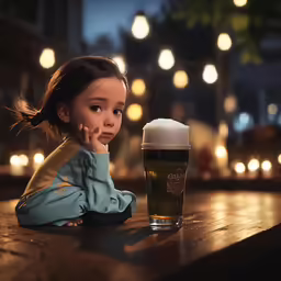 a small girl is sitting down at the table next to a beer