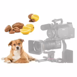 a dog is lying down and a camera sits next to it