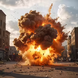 the explosion of an enormous cloud of fire and smoke rises on a busy street