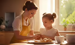 the woman is helping the little girl make some sandwiches