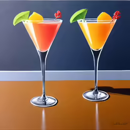 two cocktails sitting side by side on top of a wooden table