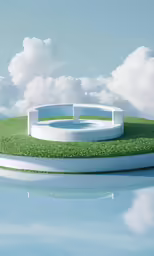 round bench sits on the grass in front of a small pond