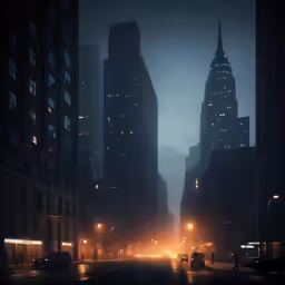 view of an empty street and building at night