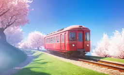 a train travels down the tracks past blooming trees