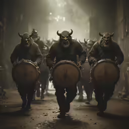three bulls running through a crowded street