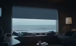 a window looks out to the ocean in the background