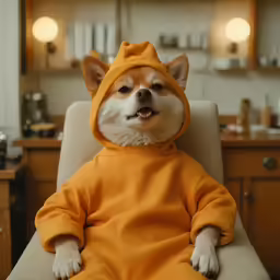 a small dog wearing an orange outfit sits in a white chair