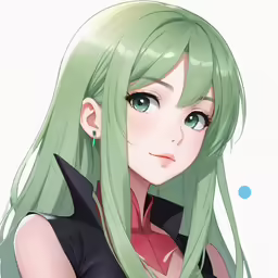 anime girl with green hair looking sadly in front of the camera