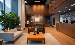 the large, modern lobby features a sleek wood case and couch