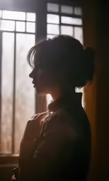 a woman standing in front of a window with a light coming through the window