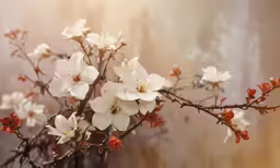 a white branch with white flowers in a vase