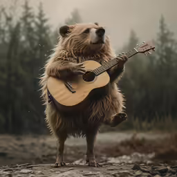 a brown bear holding a guitar with trees in the background