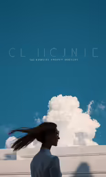 a woman standing in front of a cloud against a blue sky