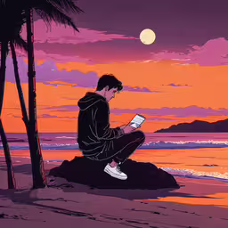 a man sitting on top of a tree next to the ocean,a man that is sitting down on the ground