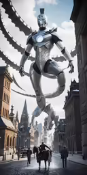 a man standing on top of a horse next to a giant robot
