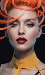 a young woman with bright red hair and smoky eyes