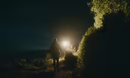 silhouette of person walking along the dark trail