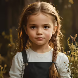 a young girl with braid hair sitting in a field