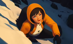 an animated girl poses on a rocky mountain