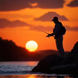 a person is fishing on the rocks at sunset