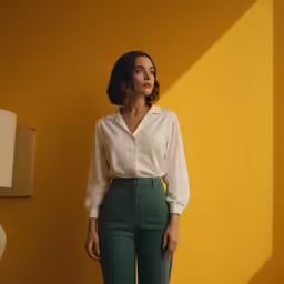 a woman stands in front of a yellow wall