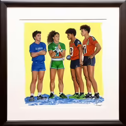 a painting of people wearing sports uniforms in front of a yellow background