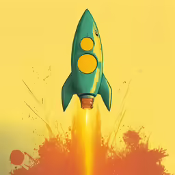 a blue and yellow rocket on fire on an orange and yellow background