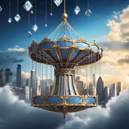 the structure is floating above the clouds with jewels