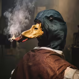 a person in a mask is wearing a dog head