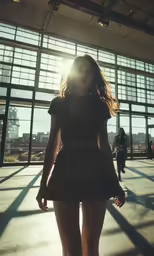 a woman posing for a photo in front of an industrial area