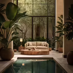 an indoor living room area with furniture and potted plants