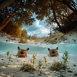 two dog face are shown through the lens of water