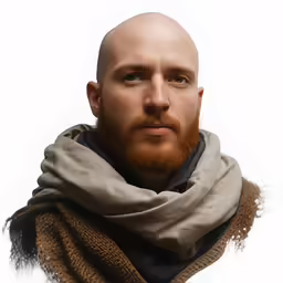 a bearded man with a goatee has a scarf around his neck