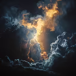 a woman with makeup and smoke behind her