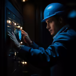 a man in a hard hat and blue jacket is pressing buttons on a machine