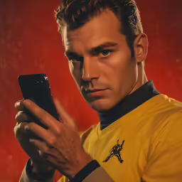 a man in a star trek uniform holding a phone