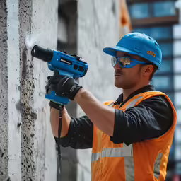 a man using a cordless drill to put cement