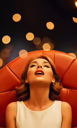 woman wearing white top sitting in a red chair with boke lights