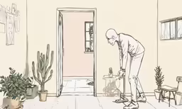 the man is looking into his room for something to eat