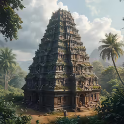 a drawing of a tall structure surrounded by trees