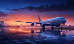 an airplane sits at the end of a runway near a city